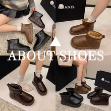 面包鞋雪地靴女2025新款冬季加绒鞋子厚底外穿防水皮面保暖大棉鞋