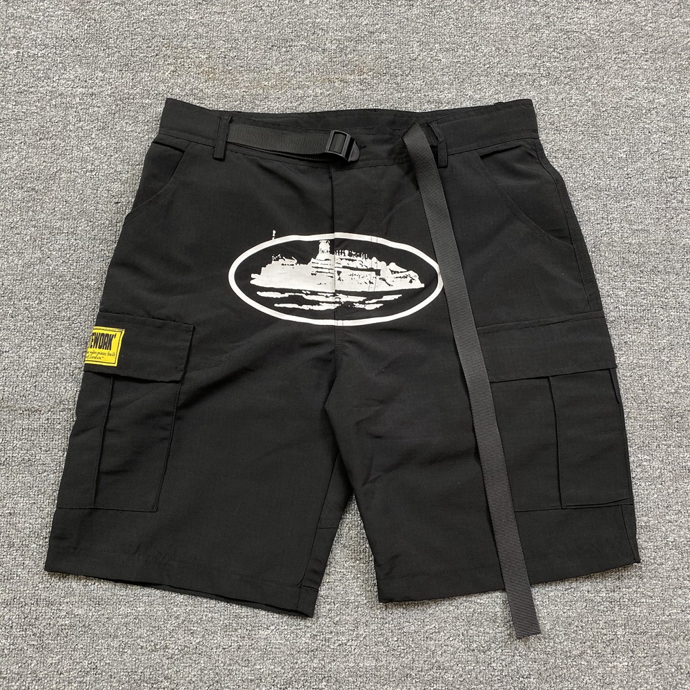 Corteiz Alcatraz Cargo Shorts Cruise Print Loose Black