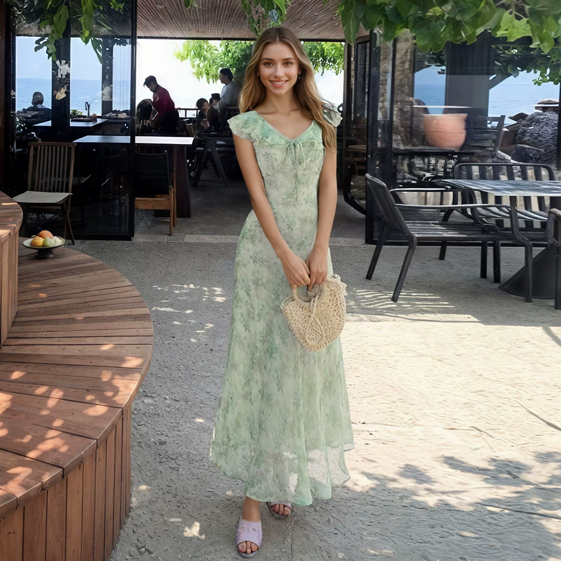 亚马逊夏季法式茶歇绿色V领碎花荷叶边收腰修身连衣裙女装