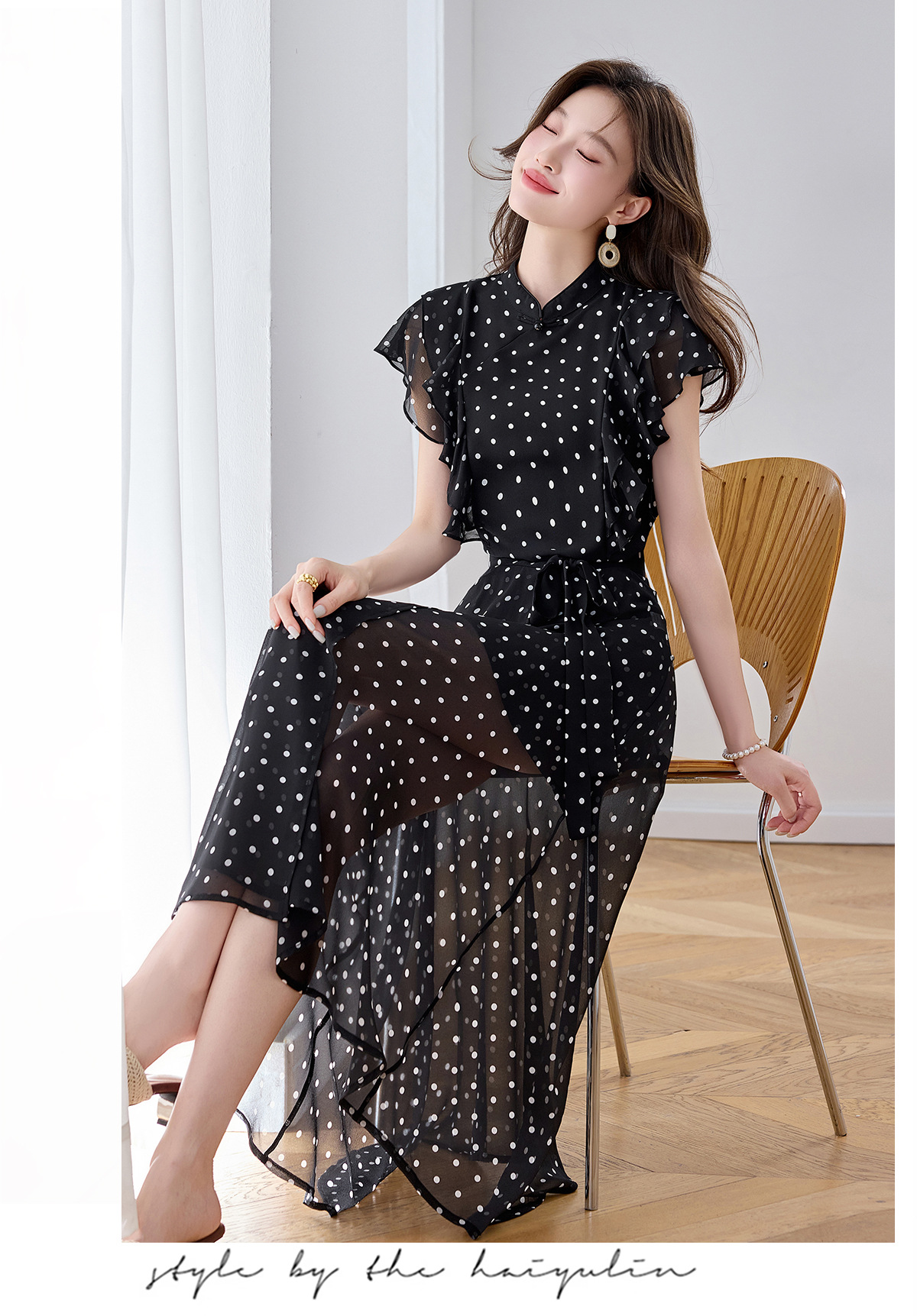 Đầm maxi nữ thắt eo họa tiết hoa nhí hai dây mặc hai kiểu Z5718 — Hoa đỏ, Chấm tròn chi tiết 15
