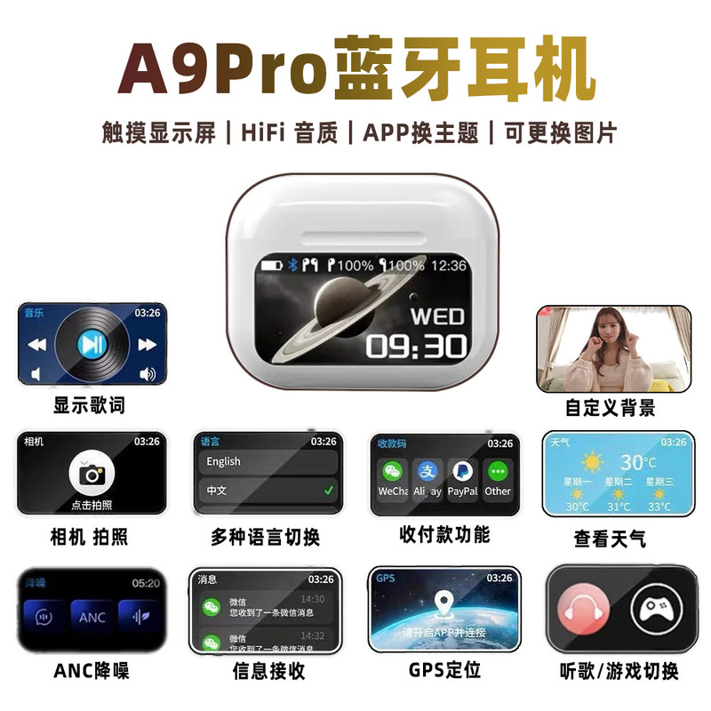 Cross-border new Bluetooth headset A9pro wireless in-ear ANC active noise reduction smart color display screen Cross-border new Bluetooth headset A9pro wireless in-ear ANC active noise reduction smart color display screen