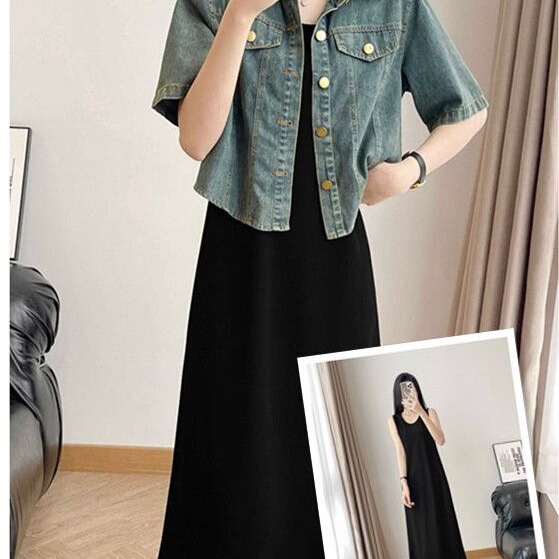 Summer Short-Sleeved Denim Shawl Jacket Paired with a Sleeveless Vest and Long Skirt Two-Piece Set for Women to Cover the Belly and Look Slimming Summer Short-Sleeved Denim Shawl Jacket Paired with a Sleeveless Vest and Long Skirt Two-Piece Set for Women to Cover the Belly and Look Slimming
