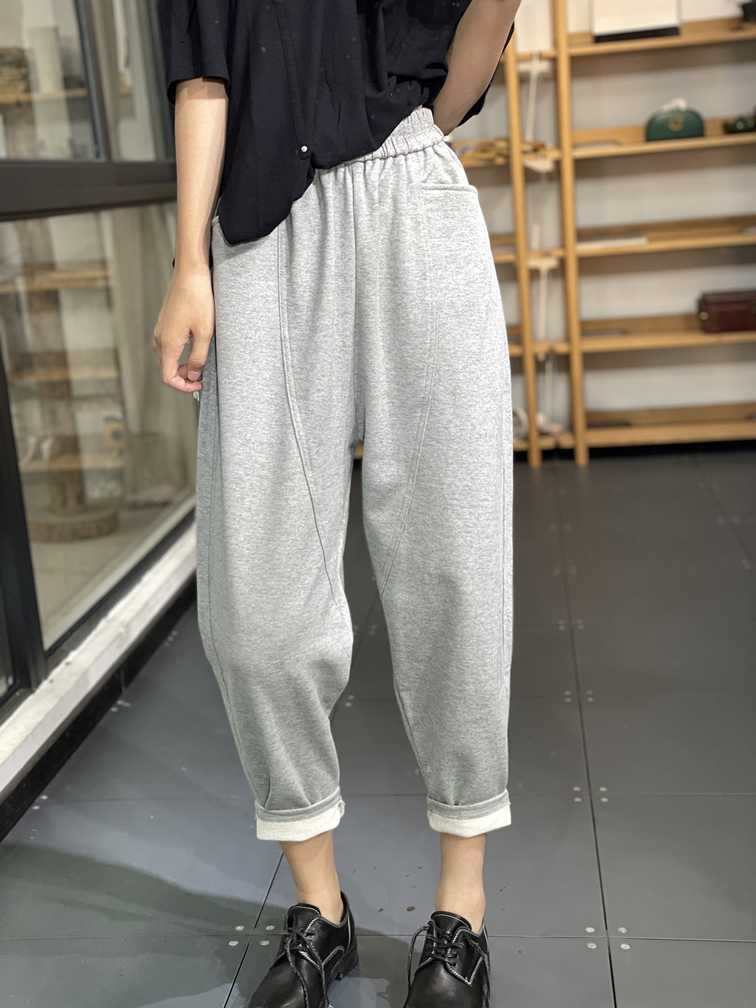 简约纯色阔腿萝卜裤春夏时尚休闲显瘦小脚裤女7168-3