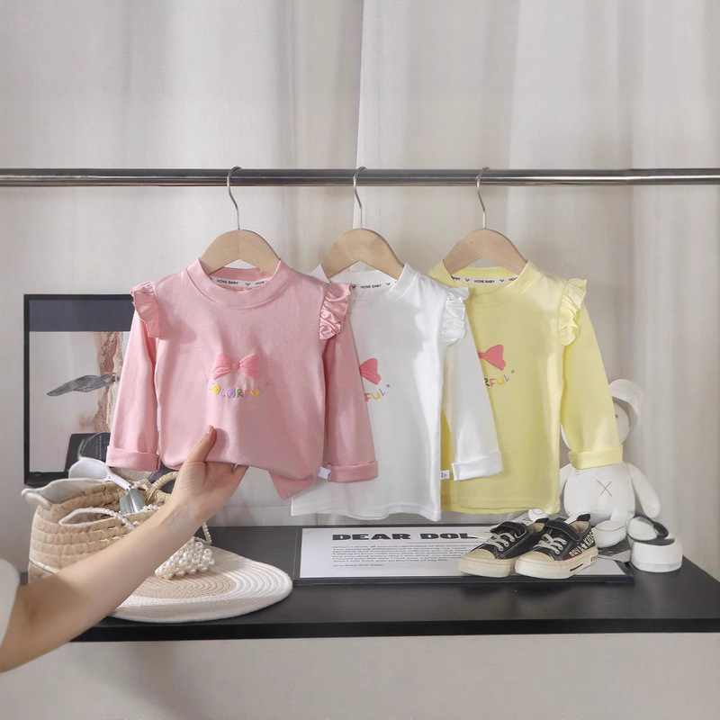 New Style Girls' Ruffled Long-Sleeve T-Shirt, Baby Pure Cotton Top, Spring and Autumn Children's Trendy Base Shirt for Girls