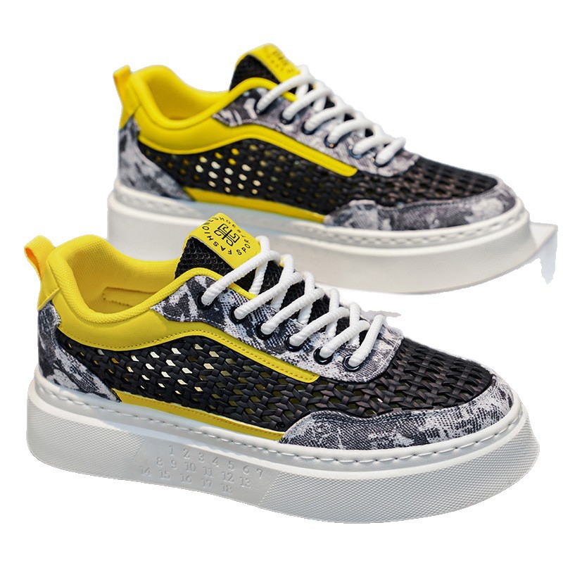 Zapatos masculinos en verano, superficie de malla tejida transpirable, zapatos deportivos y de ocio, zapatos de moda antideslizantes para hombres, suelas gruesas y zapatos blancos altos image 6