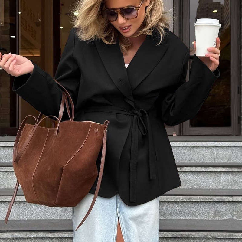 Women's Autumn Fashion Lace-Up Waist-Cinching Long-Sleeved Suit Jacket Casual Loose Top_ecoleips.com
