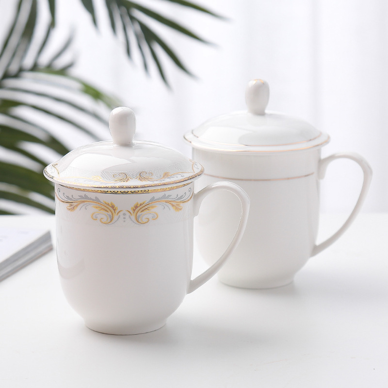 Hotel Customer Service White Ceramic Tea Cup Water Cup Office Conference Cup Set Gold Rim with Lid Engraved Logo Hotel Customer Service White Ceramic Tea Cup Water Cup Office Conference Cup Set Gold Rim with Lid Engraved Logo