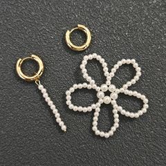 欧美跨境饰品 不对称手工编织仿珍珠镂空花朵耳环 秋冬百搭耳饰女