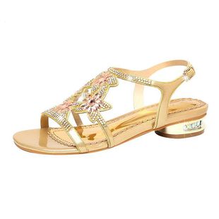 2025 Women's Summer New Low-Heeled Rhinestone Sandals, Comfortable Diamond-Embellished Versatile Chunky Heel Genuine Leather Peep-Toe Women's Shoes