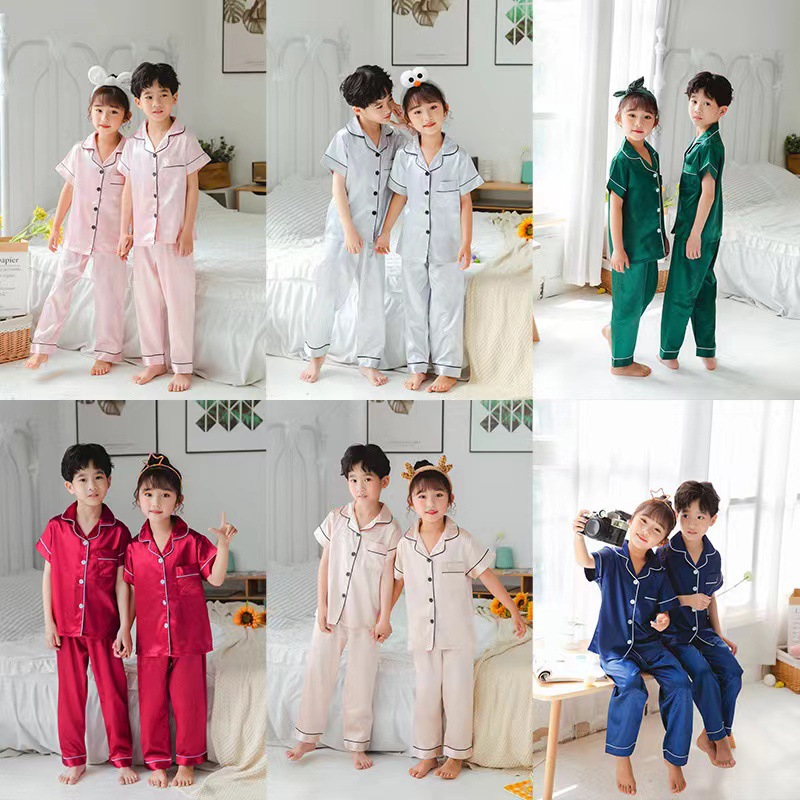 Comercio exterior infantil imitación de hielo pijamas primavera y otoño pantalones de mangas cortas de color sólido cardigan con solapa sardin ropa para el hogar