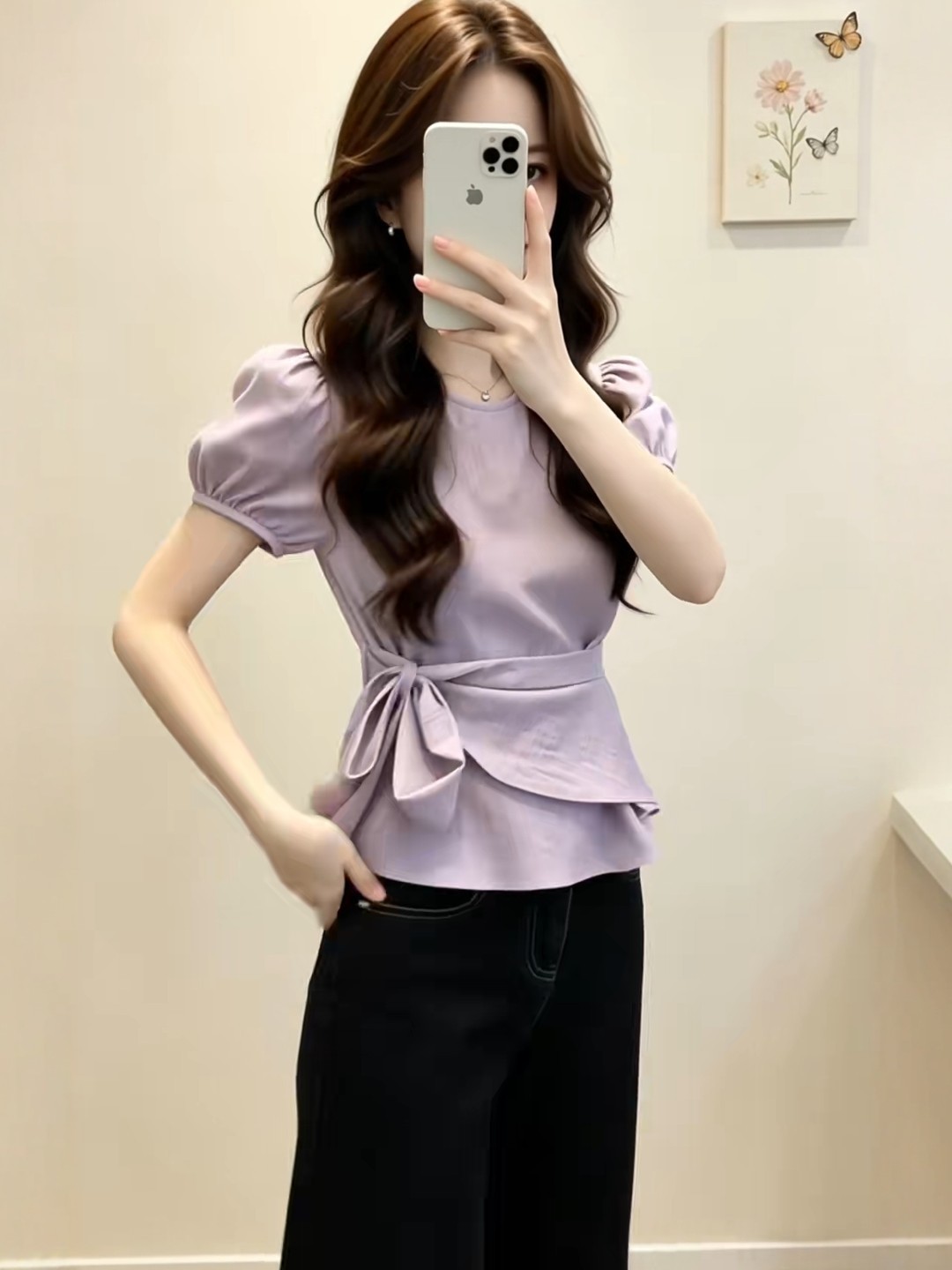 Áo sơ mi ngắn tay thiết kế thắt lưng eo, dáng suông nhẹ, phong cách Pháp — màu tím