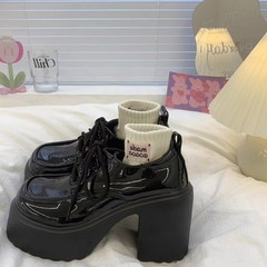 高跟樂福鞋女春季新款羅馬風粗跟厚底防滑時尚休閒系帶黑色小皮鞋