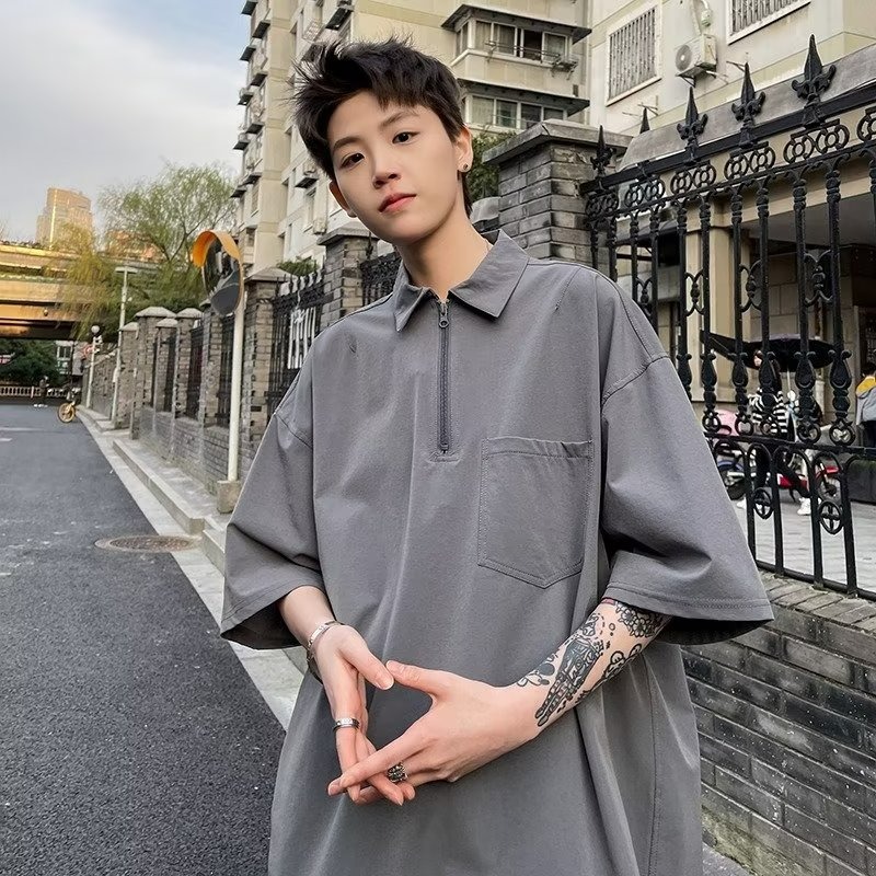 アイスシルク速乾ポロシャツ半袖メンズ夏の新しいトレンド日本製作業服ルーズ半袖ハーフジップTシャツ