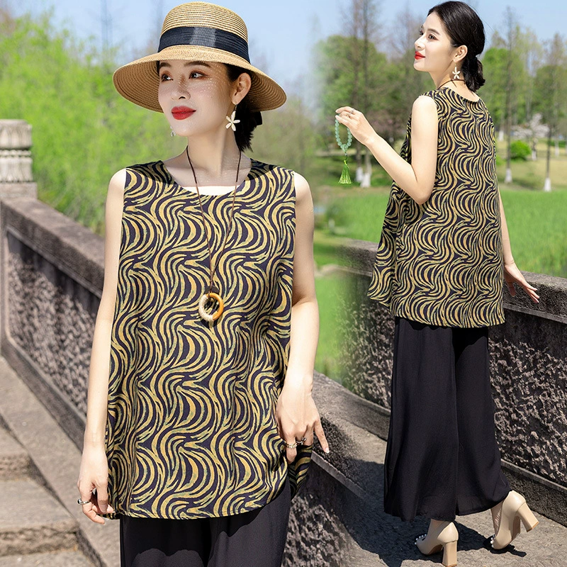 Летний тонкий хлопковый шелковый костюм-пижама для женщин, без рукавов, брюки девять-семь, повседневный свободный молодежный модный верхний комплект из двух предметов