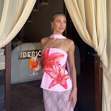 2025亚马逊爆春夏Y2K性感辣妹数码印花抹胸修身显瘦上衣女派对