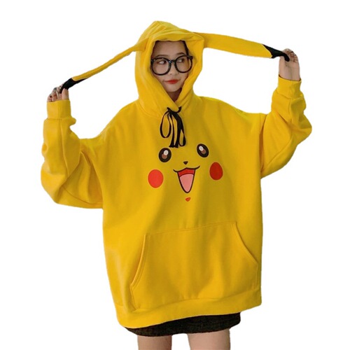 Cross-border 190g Autumn/Winter Pikachu Hooded Sweatshirt for Women Students Japanese Anime Thick Medium-Length Hooded Cute Top