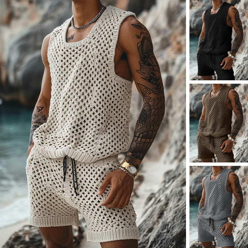 Summer New Casual Vertical Pattern Suit Slim Lapel Short-Sleeved Button Shirt Shorts Men's Woolen Summer Clothing Wholesale