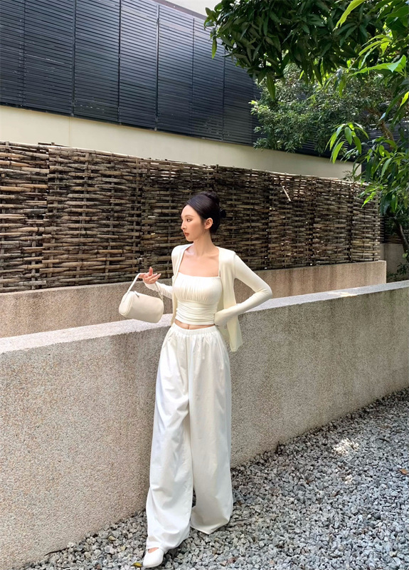 早秋套装女装纯欲风吊带背心内搭修身长袖开衫外套阔腿休闲长裤子|undefined