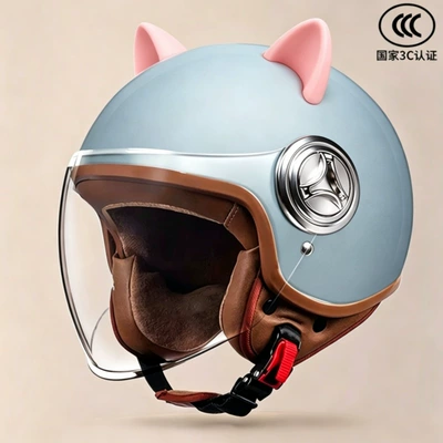 Motosiklet kaskı (dəbilqə) all seasons, 3C certified, warm for - 801blue-transparent-long-mirror-pink-ears