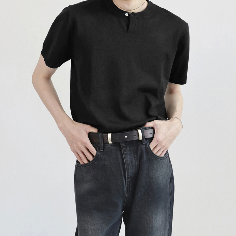 Botón de cuello en V camiseta de manga corta hombre color sólido inglés de negocios de verano de seda de hielo transpirable comercio exterior al por mayor transfronterizo