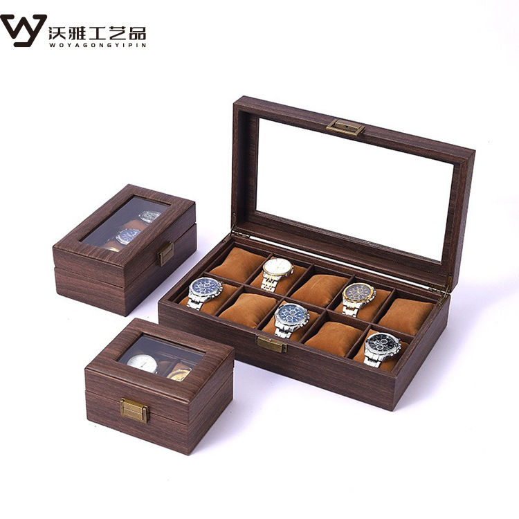 Nueva caja de reloj de cuero marrón vintage grano de madera marrón reloj pulsera de almacenamiento caja de exhibición caja de colección de reloj
