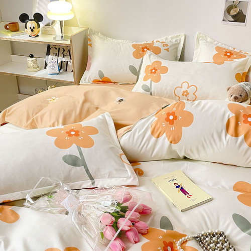 Ins Spring Fresh Skin-friendly Aloe Cotton Four-piece Set Flocked Sheet Set and Comforter Set Student Dormitory Bed Three-piece Set