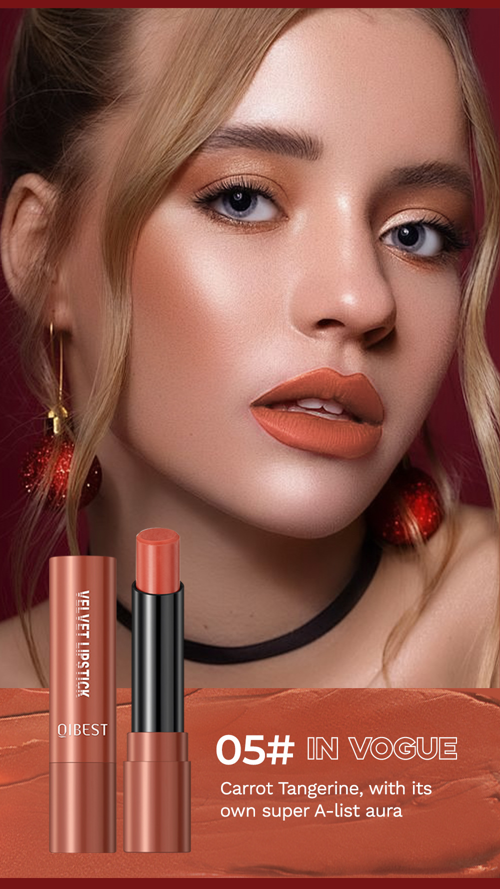 QIBEST Cross-border matte velvet matte lipstick is easy to color, does not stick to cups, does not fade, moisturizes and lasts long, and is a lipstick for makeup undefined