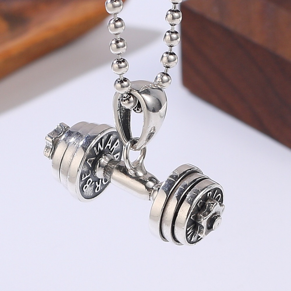 New S925 Sterling Silver Dumbbell Pendant Male Fitness European And American Hip-hop Barbell Necklace Accessories Pendant Couple Silver Jewelry
