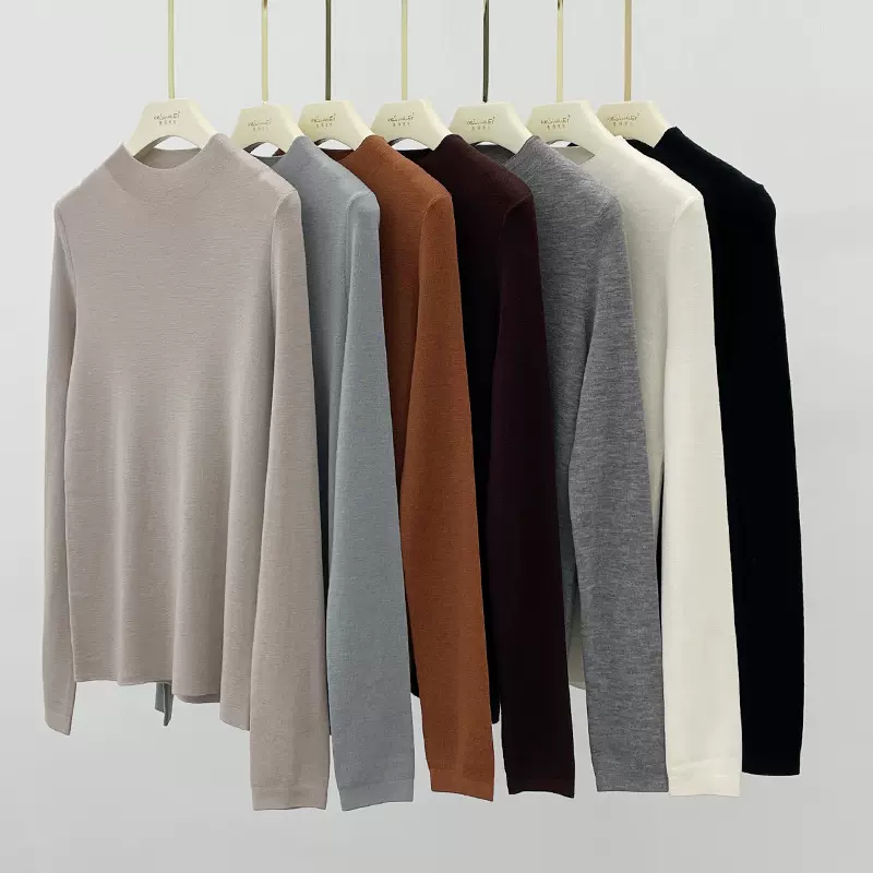 秋新款16针精纺纯羊毛细针高弹修身款针织套头衫半高领紧身打底衫