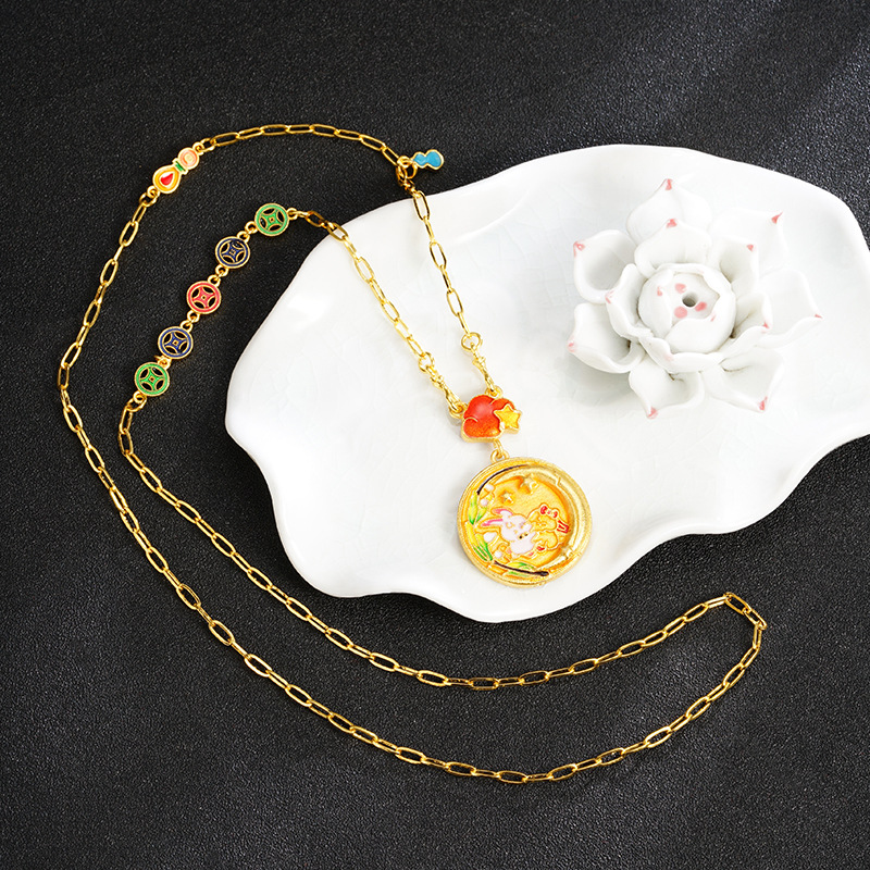 Nuevos productos Shajin Palace Double Face Peony Gote Oil Jade Conejo Collar Redón Retro Versátil Joyas no se desvanecen