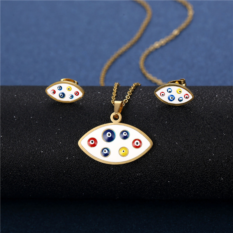 Stainless steel dripping oil heart eyes necklace earring set wholesale