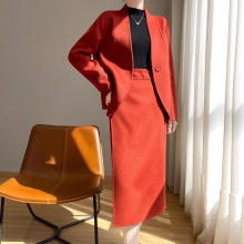 双面羊毛呢套装裙女秋冬毛呢套装两件套半身裙气质V领短款外套裙