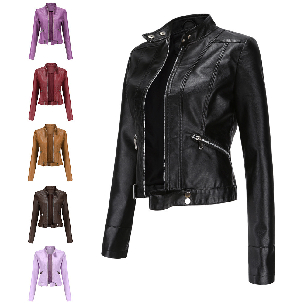 New Leather Jacket Women's Short Small Outwear Spring & Fall Stand Collar Women's Leather Jacket Cross-Border Women's Thin Leather Jacket