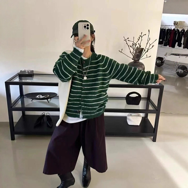 Korean Autumn and Winter New Style Stripesd Contrasting Round Neck Single-Breasted Long-Sleeved Long Camel Wool Knitted Cardigan Women's Casual Top