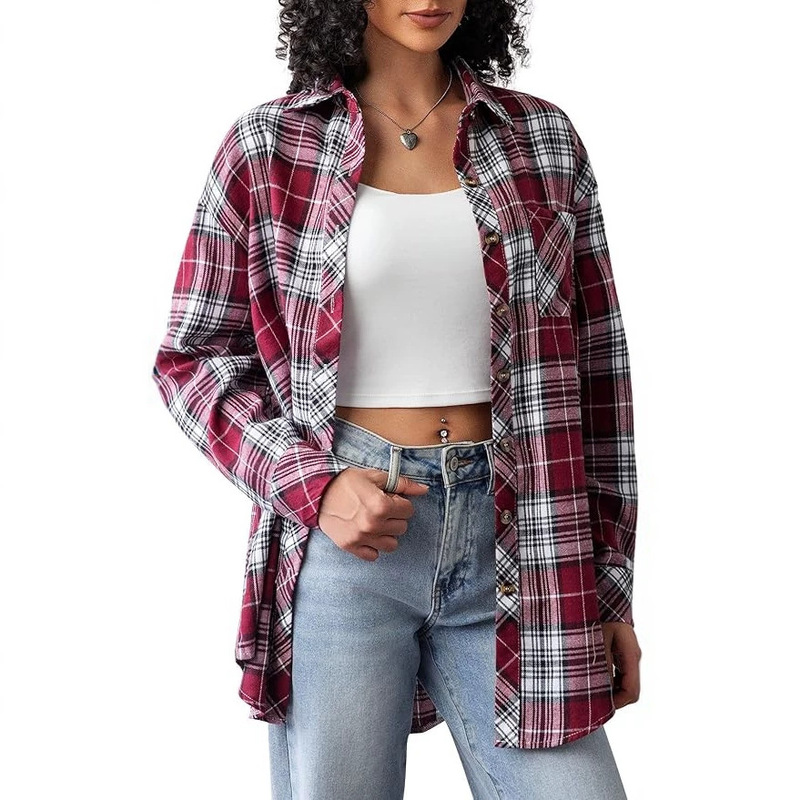 Popular cross-border product on Amazon in Europe and America: Women's button-up flannel shirt, long-sleeved plaid casual shirt top