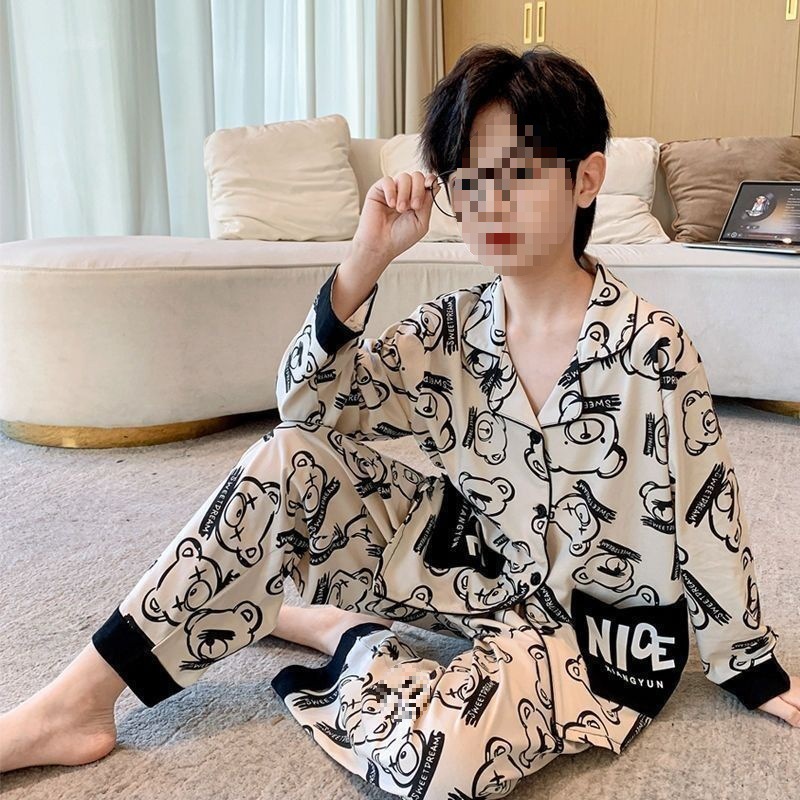 Primavera y otoño 2025 nuevo pijama de niño Cardigan manga larga primavera y otoño juvenil ropa de hogar set de algodón nublado