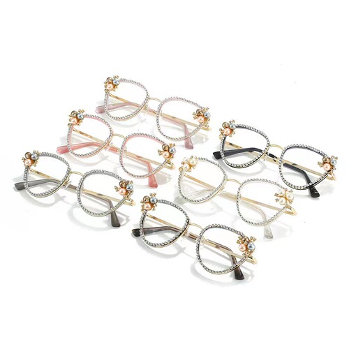 Cross-border new luxury women's glasses frame with diamonds and pearls retro cat eye anti-blue light flat mirror personalized party eyes