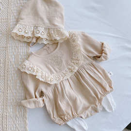 送帽子 婴儿蕾丝连体衣 0-2岁婴儿春季衣服新生儿包屁衣周岁礼服