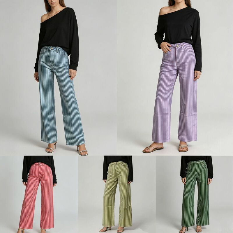 European and American Cross-Border Source Factory Hot-Selling Multi-Color Striped Fashion Design Casual Straight-Leg Women's Jeans European and American Cross-Border Source Factory Hot-Selling Multi-Color Striped Fashion Design Casual Straight-Leg Women's Jeans
