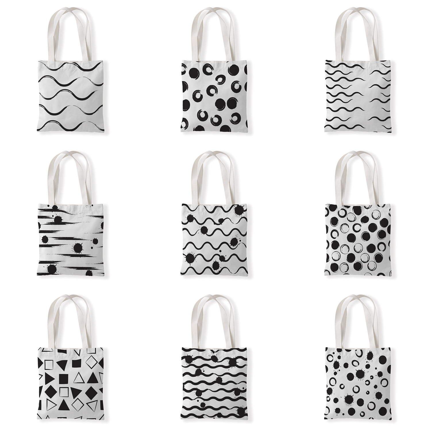 几何黑白印花手提时尚购物袋定制休闲零钱袋文艺单肩手提帆布袋