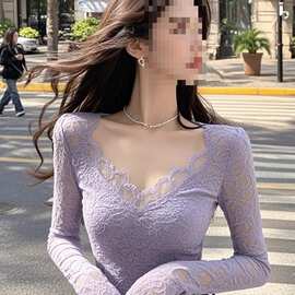 纯欲甜辣风蕾丝拼接短款打底衫T恤2025时尚新款修身显瘦内搭上衣