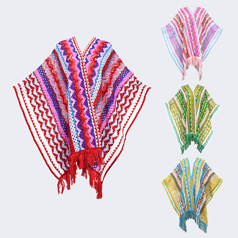 Viaje en el oeste de Sichuan vestido con una capa de chal de peluche de Yunnan Xinjiang de otoño y invierno estilo nacional de punto capa de rayas