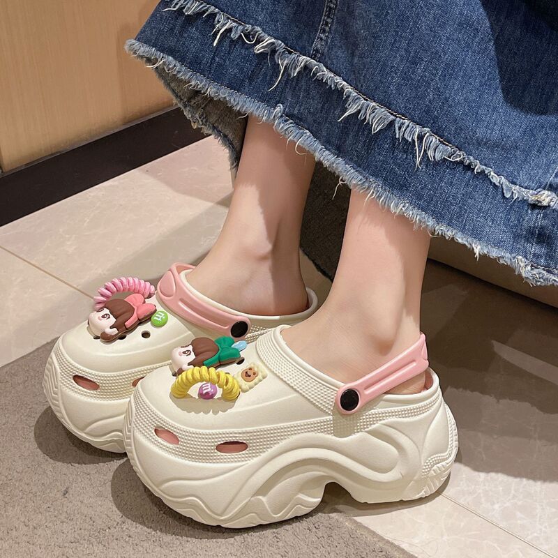 7cm Dopamine High-Heeled Clogs for Women, Summer Thick-Soled Outer Beach Shoes for Students, Non-Slip, One-Piece Drop Shipping