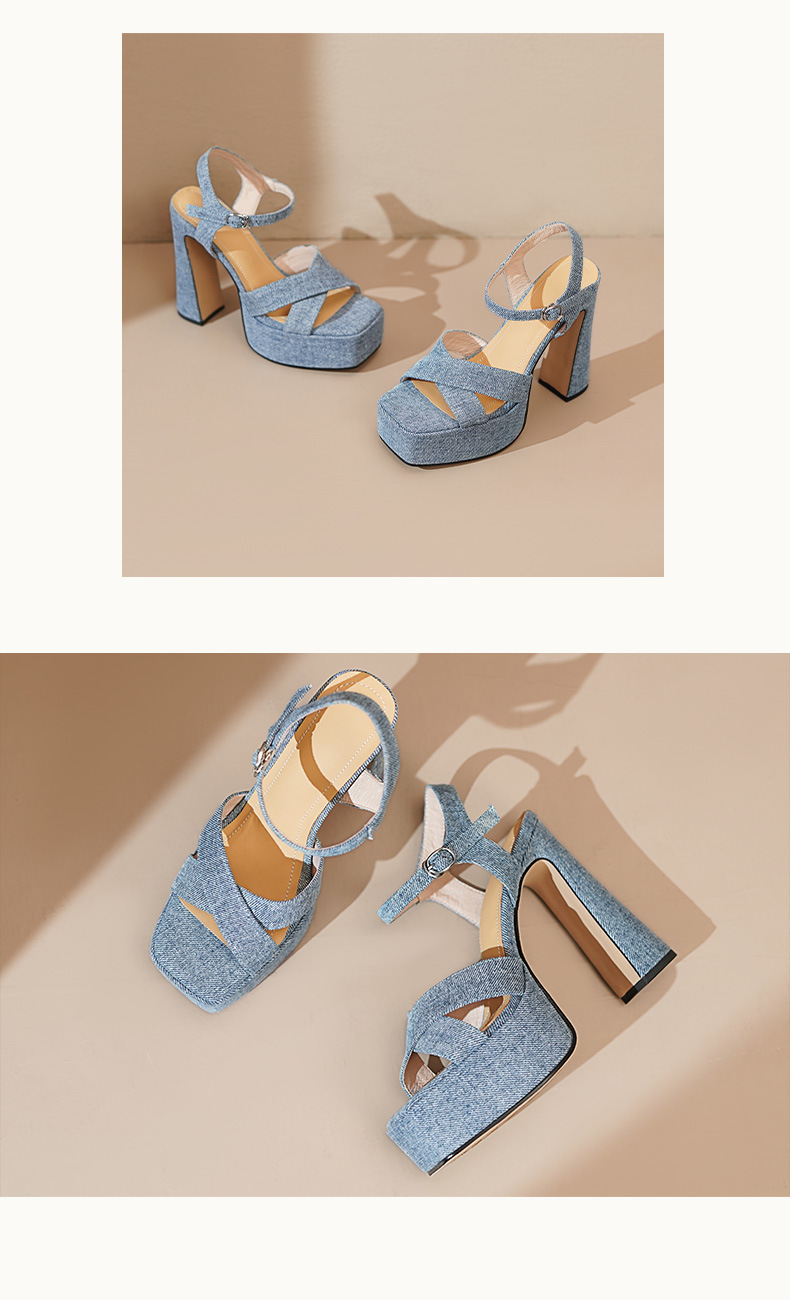 Sandal cao gót denim mũi vuông hở ngón đế dày gót thô — Vải bò màu xanh chi tiết 6