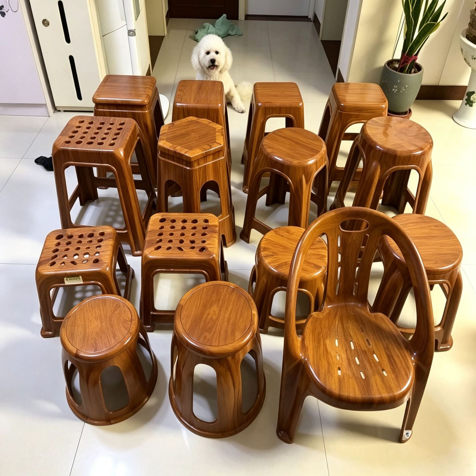 Imitation wood grain plastic stool, retro stool, small round stool for home use, living room stool, square stool, thickened and non-slip, round stool for changing shoes
