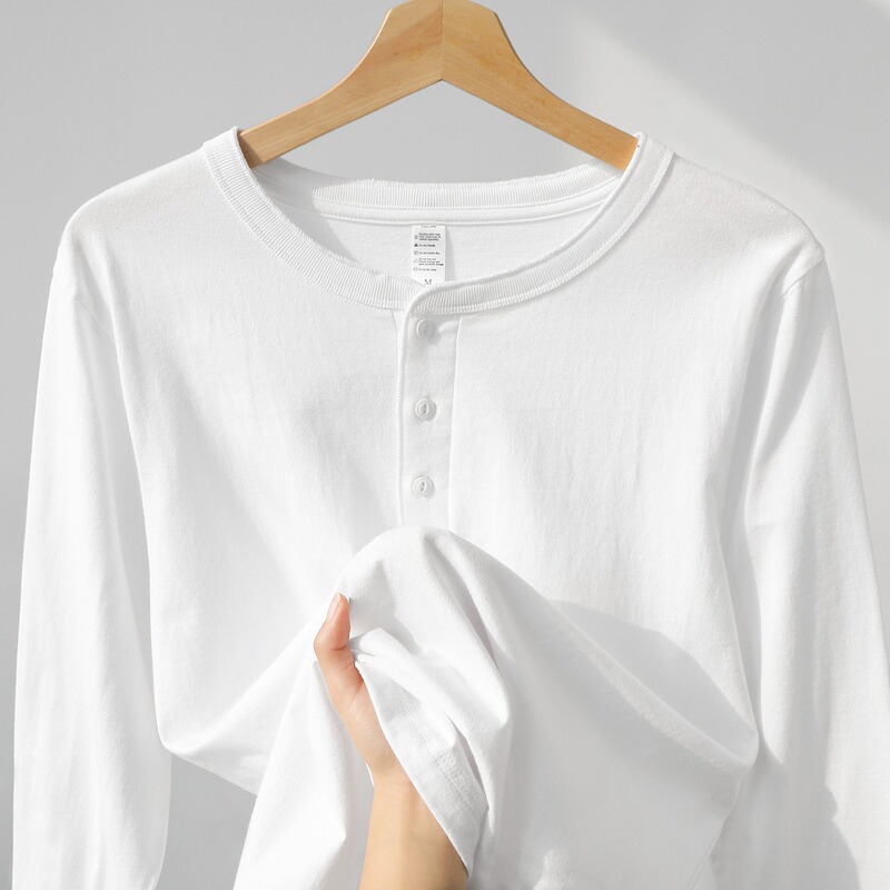 250g white cotton heavy Henry shirt long sleeve T-shirt men's American retro khaki Henry collar loose base shirt 250g white cotton heavy Henry shirt long sleeve T-shirt men's American retro khaki Henry collar loose base shirt