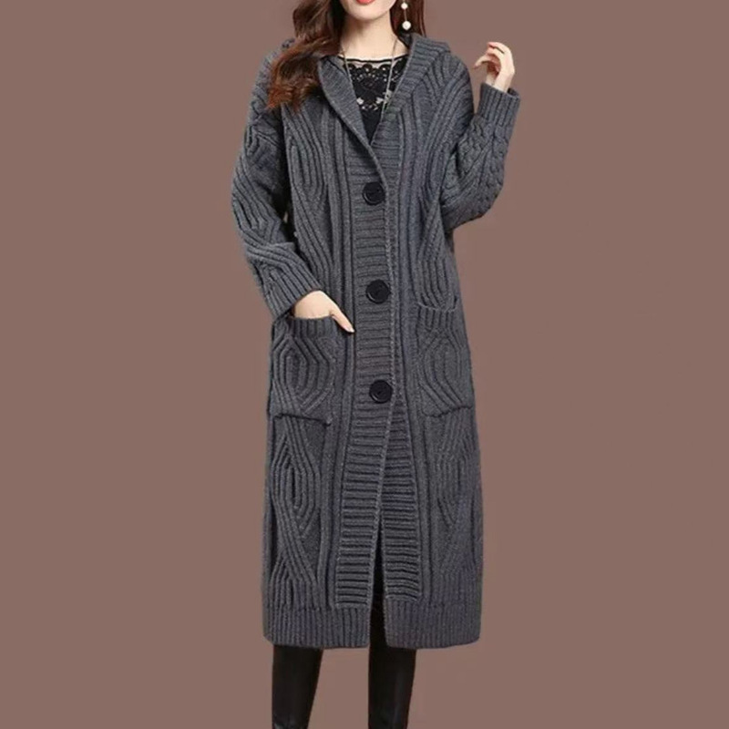 Hooded Thickeneded Knitwear Women's Cardigan Outer Wear Mid-Length Over-The-Knee Loose Knitwear Jacket Women's Pure Color Shawl Knitwear Hooded Thickeneded Knitwear Women's Cardigan Outer Wear Mid-Length Over-The-Knee Loose Knitwear Jacket Women's Pure Color Shawl Knitwear