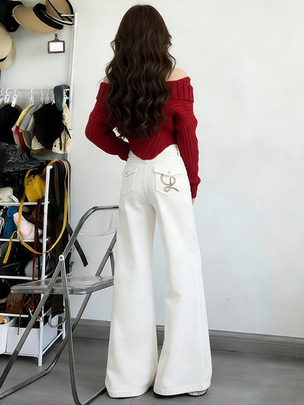 Women's High-rise White Embroidered Flared Jeans Boho Style Spring_voghion.com