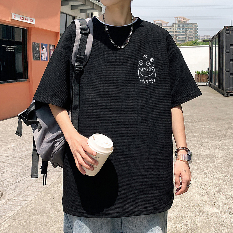 Short-sleeved T-shirt Men's Summer Hong Kong Style Thin Instagram Popular Brand Fashionable Loose T-shirt Heavy Waffle Couple Half-sleeved Short-sleeved T-shirt Men's Summer Hong Kong Style Thin Instagram Popular Brand Fashionable Loose T-shirt Heavy Waffle Couple Half-sleeved