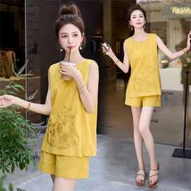 【定制】新中式套装女夏装棉麻刺绣无袖马甲上衣短裤气质两件套